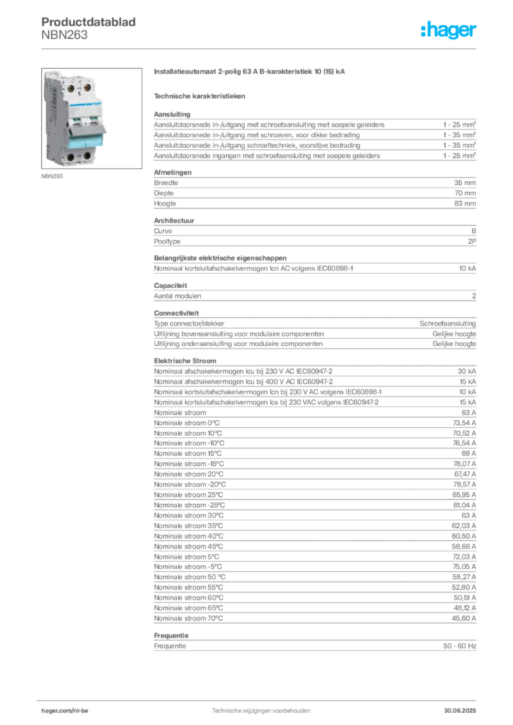 Afbeelding Hager Productdatablad NBN263 | Hager Belgium