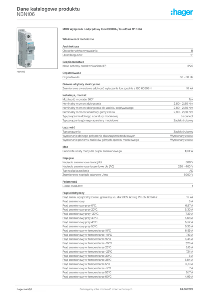 Zdjęcie Hager Dane katalogowe produktu NBN106 | Hager Polska