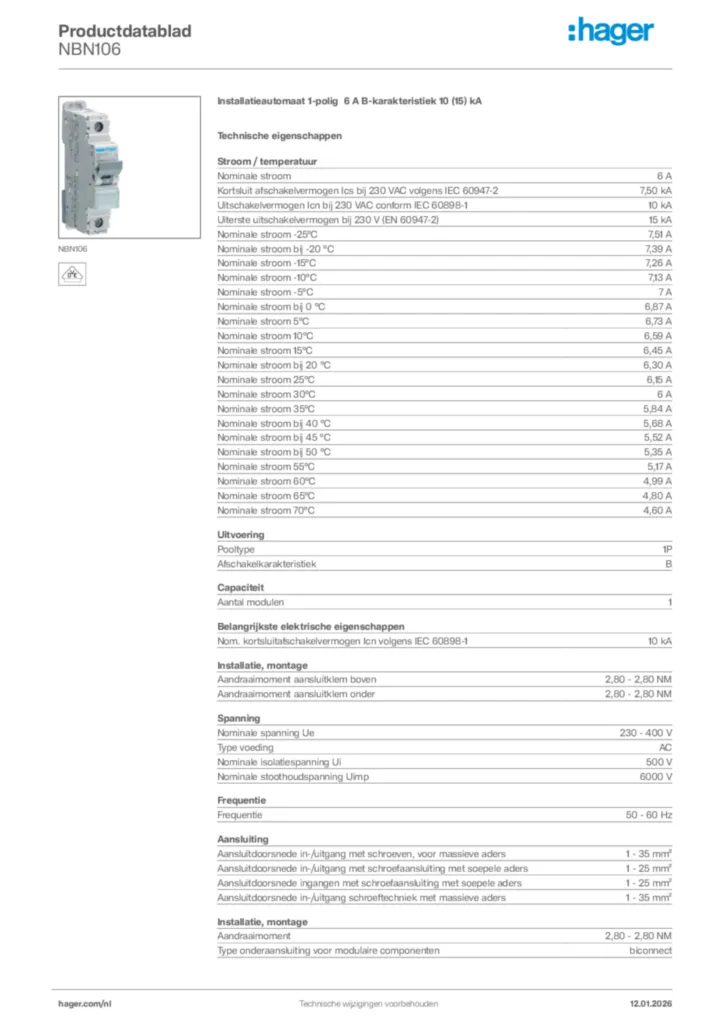 Afbeelding Hager Productdatablad NBN106 | Hager Nederland