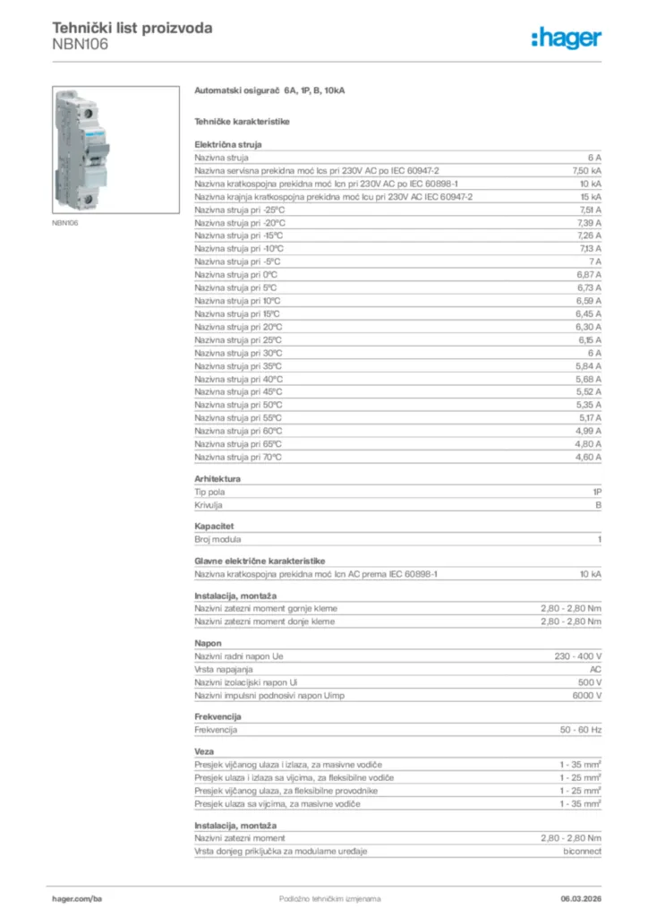 Slika Hager Tehnički list proizvoda NBN106  | Hager