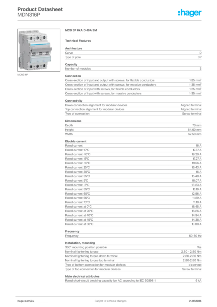 Image Hager Product data sheet MDN316P  | Hager Australia