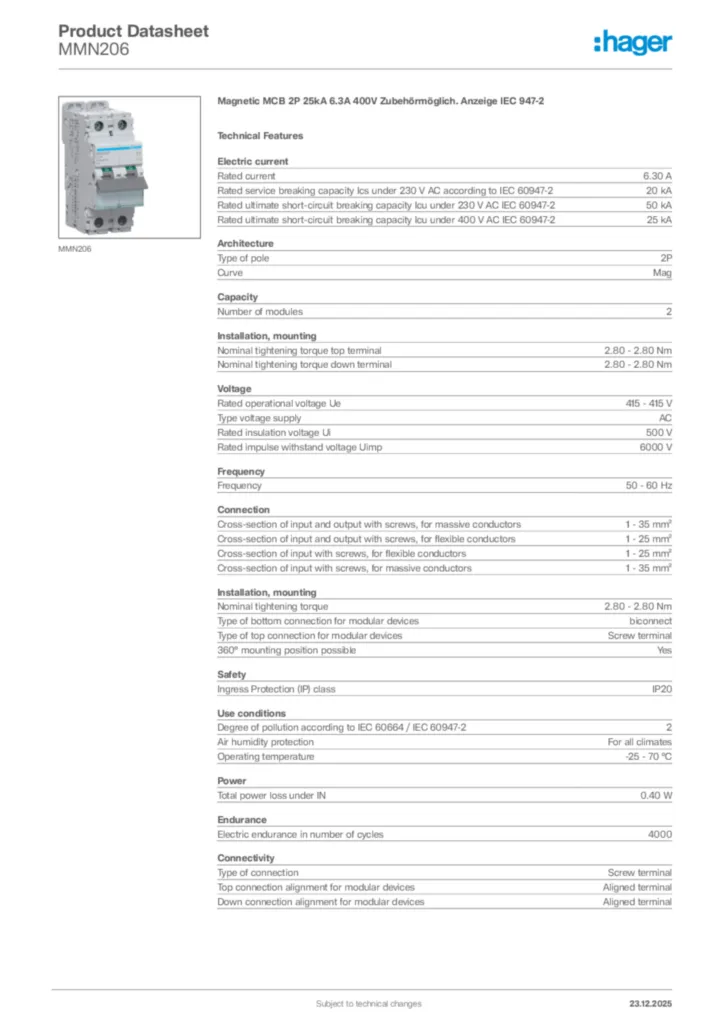 Image Hager Product data sheet MMN206  | Hager Africa