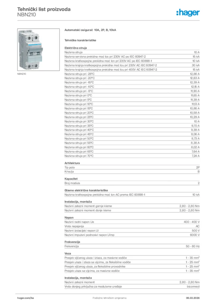 Slika Hager Tehnički list proizvoda NBN210  | Hager