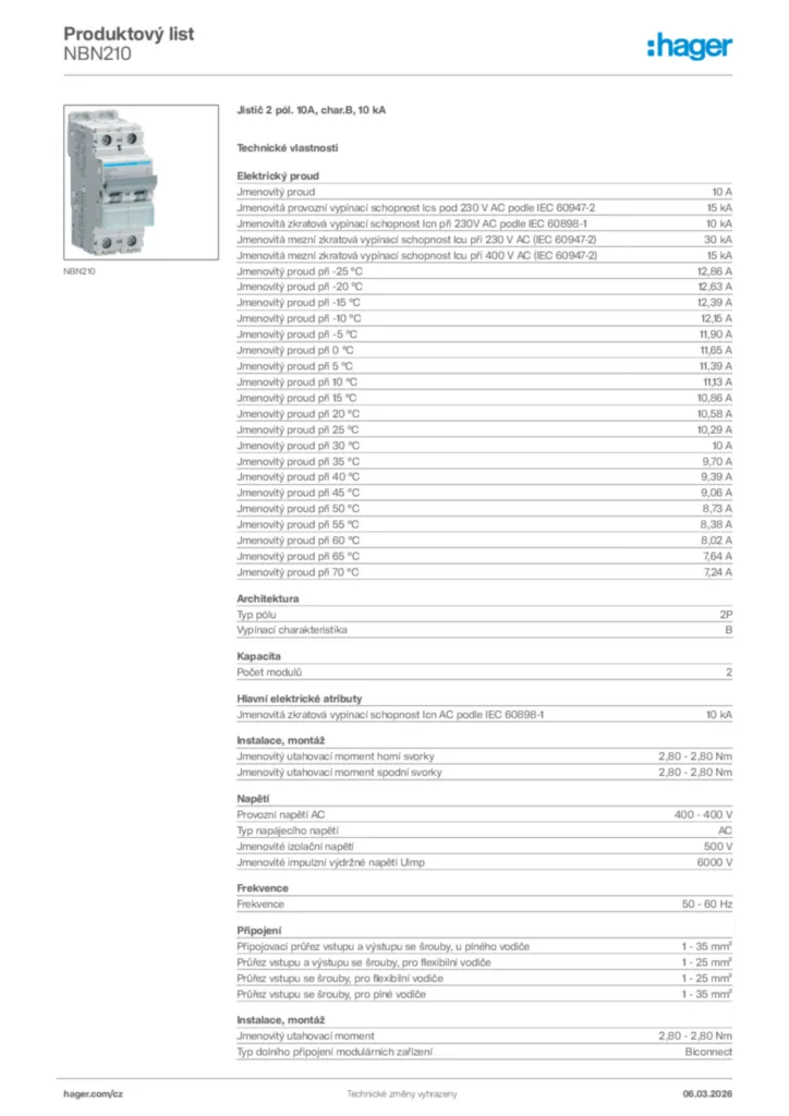 Obrázek Hager Product data sheet NBN210 | Hager