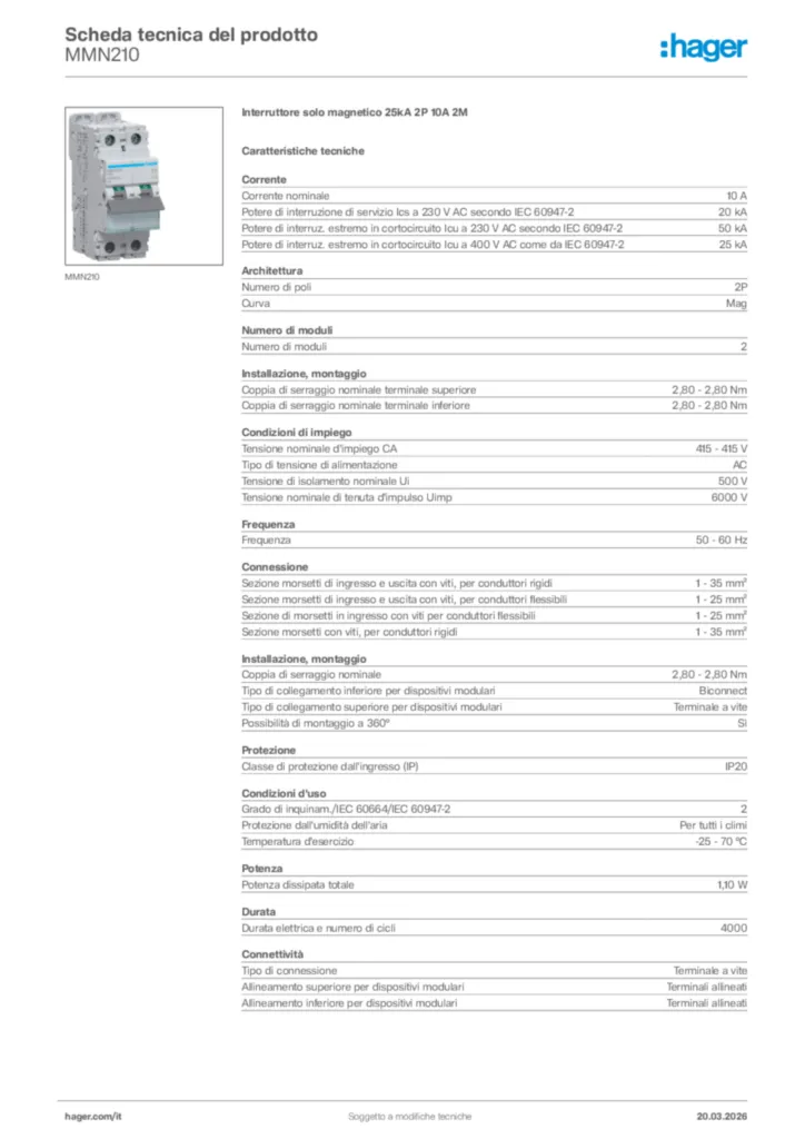 Immagine Hager Scheda tecnica del prodotto MMN210 | Hager Italia