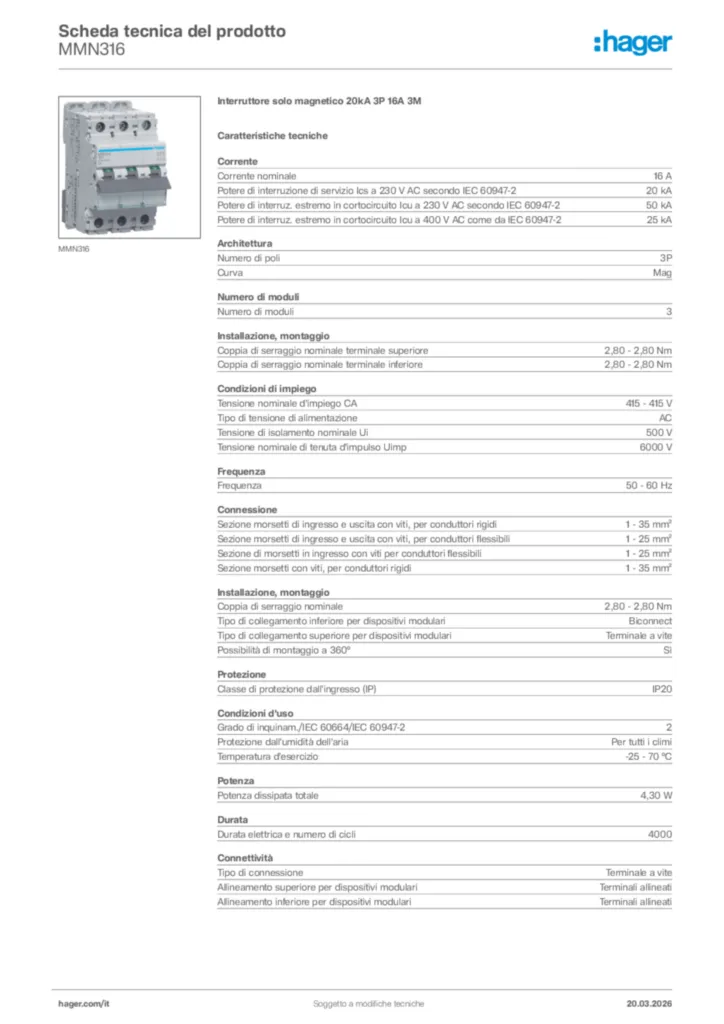 Immagine Hager Scheda tecnica del prodotto MMN316 | Hager Italia