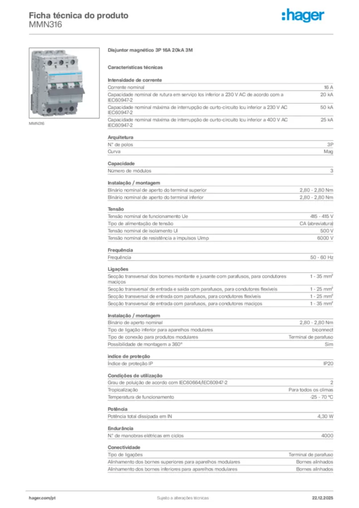 Imagem Hager Ficha técnica do produto MMN316 | Hager Portugal