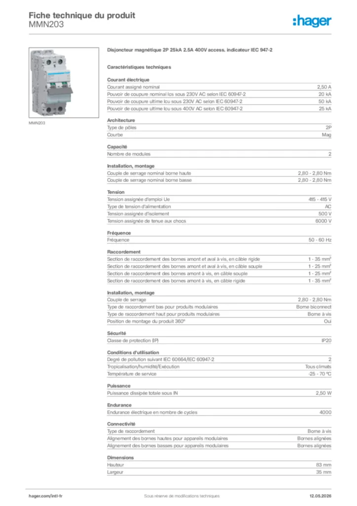 Image Hager Fiche technique du produit MMN203 | Hager Afrique
