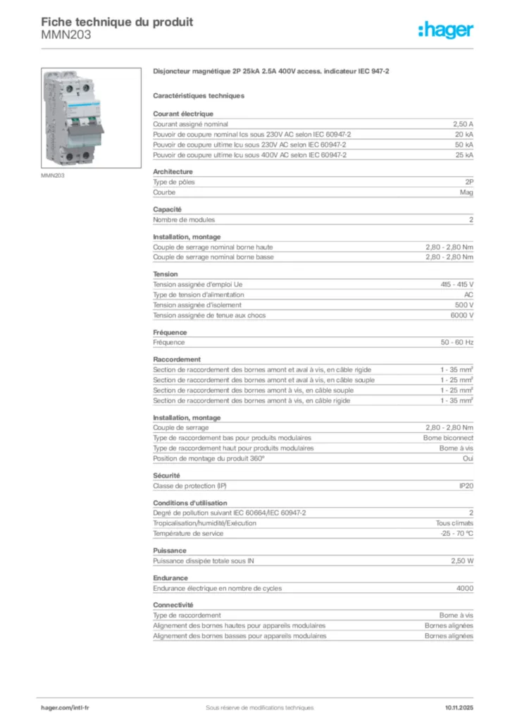 Image Hager Fiche technique du produit MMN203 | Hager Afrique