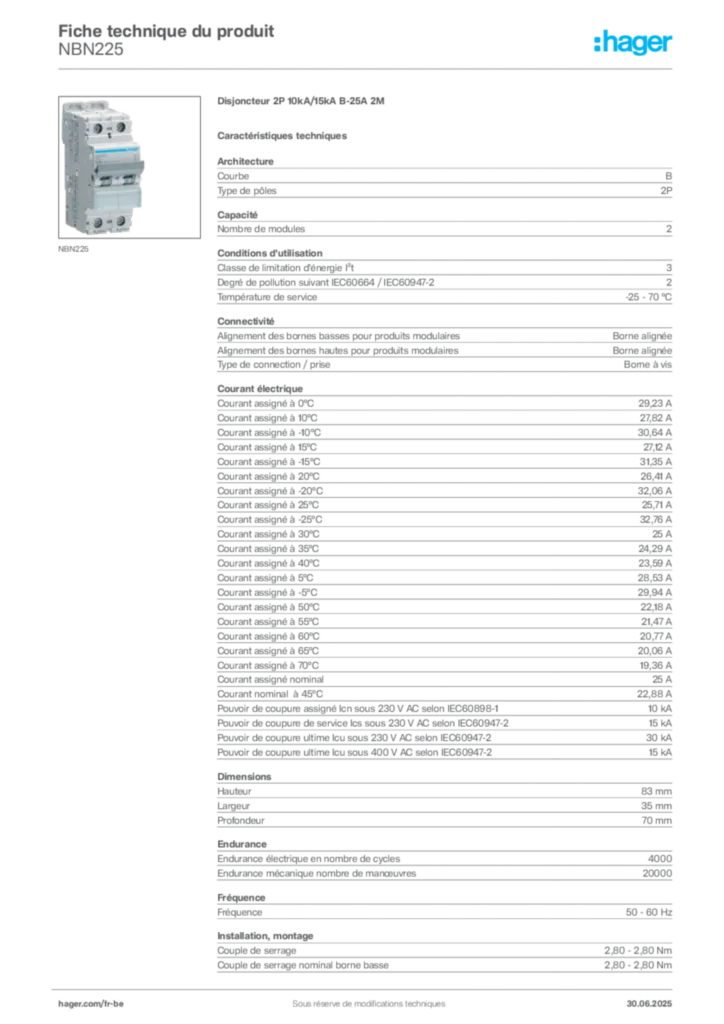 Image Hager Fiche technique du produit NBN225 | Hager Belgique