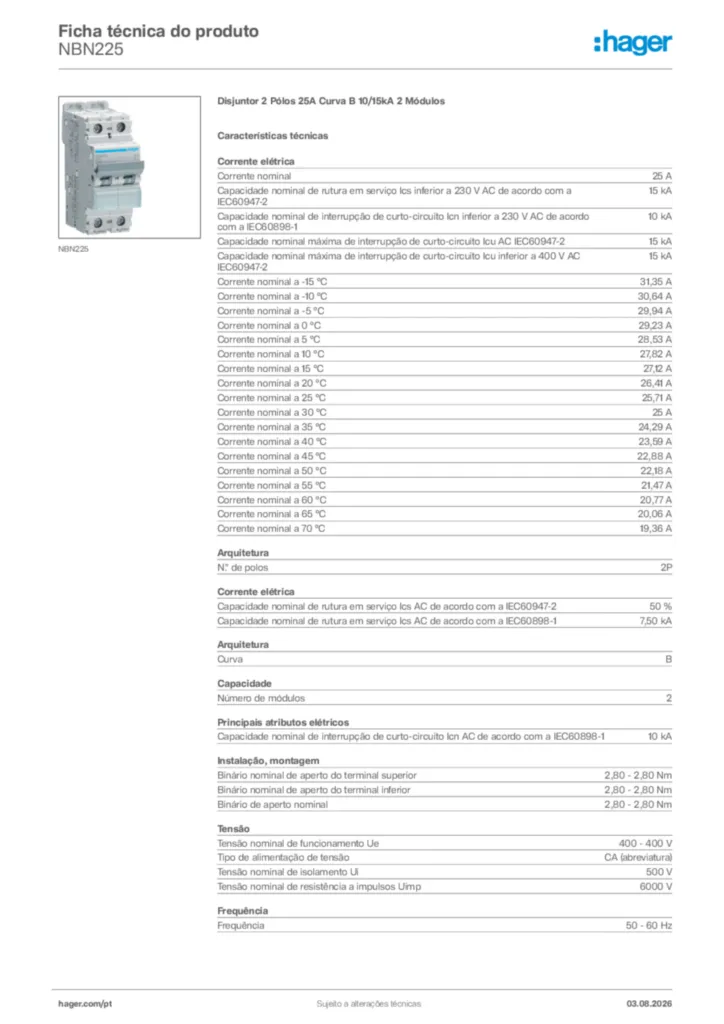 Imagem Hager Ficha técnica do produto NBN225 | Hager Portugal