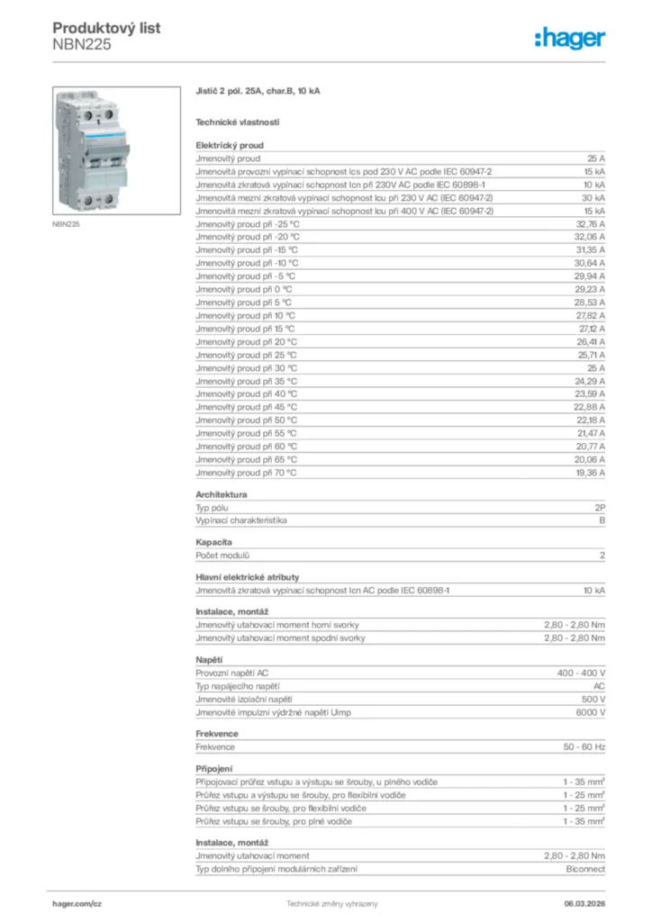 Obrázek Hager Product data sheet NBN225 | Hager