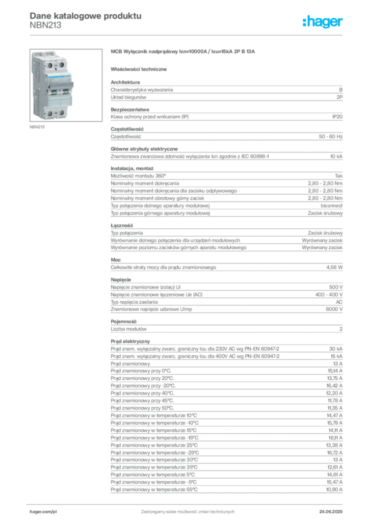 Zdjęcie Hager Dane katalogowe produktu NBN213 | Hager Polska