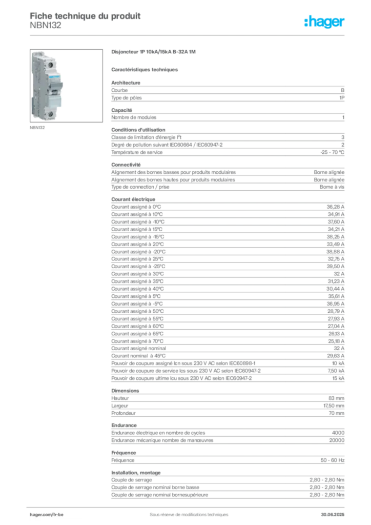 Image Hager Fiche technique du produit NBN132 | Hager Belgique