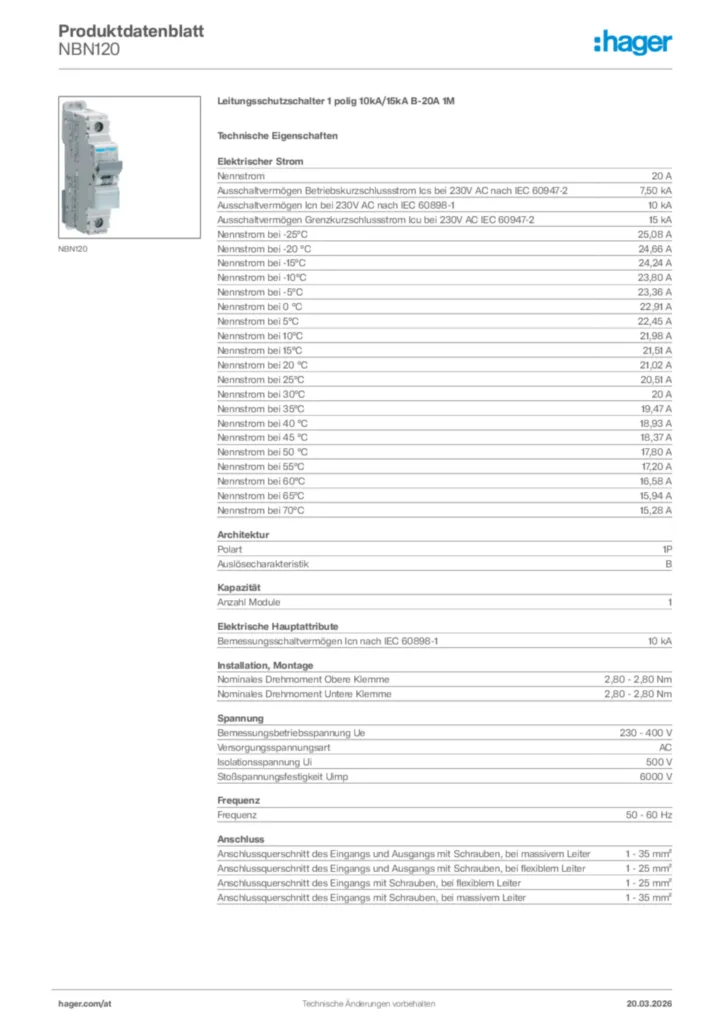 Bild Hager Produktdatenblatt NBN120 | Hager Deutschland