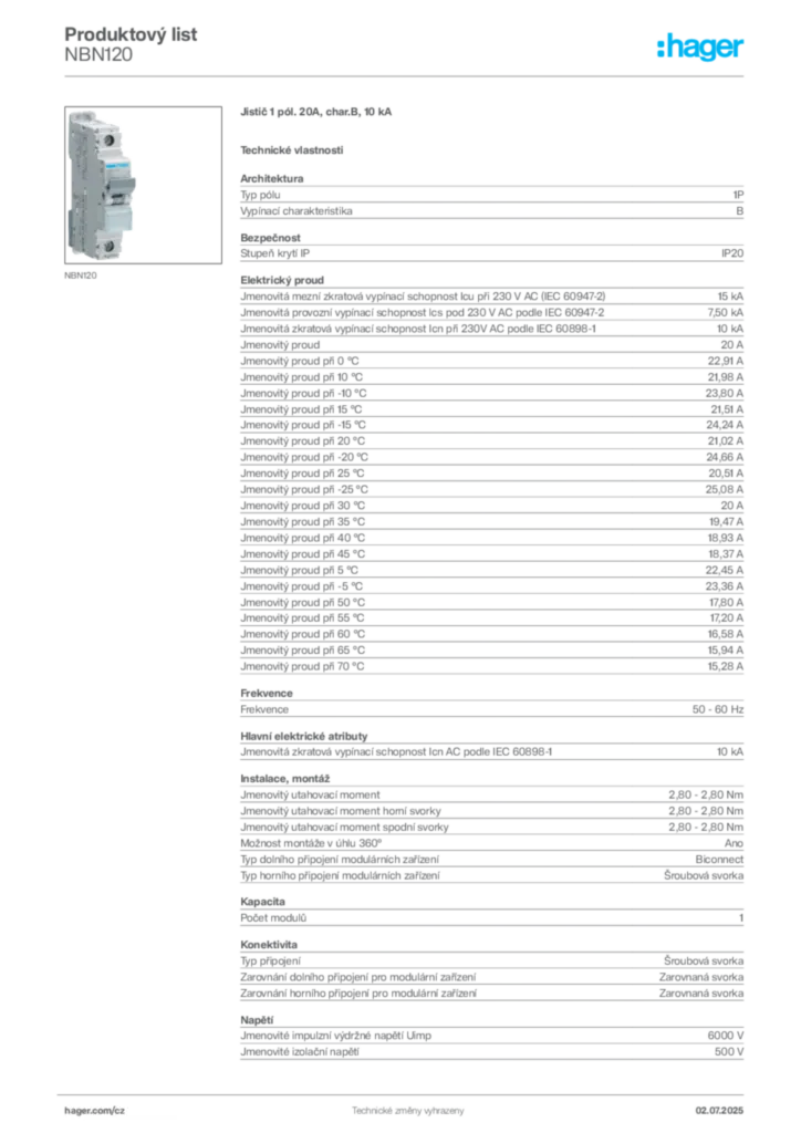Obrázek Hager Product data sheet NBN120 | Hager