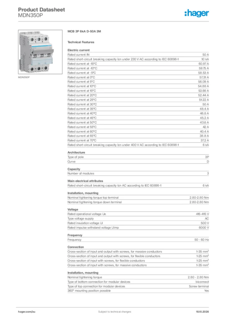 Image Hager Product data sheet MDN350P  | Hager Australia