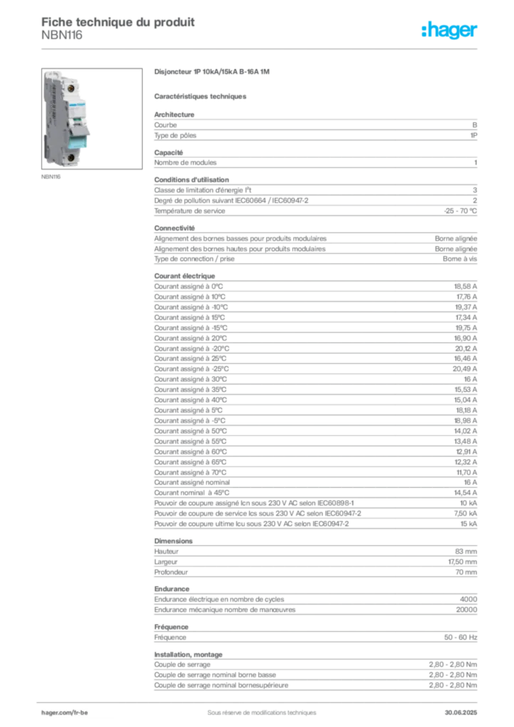 Image Hager Fiche technique du produit NBN116 | Hager Belgique