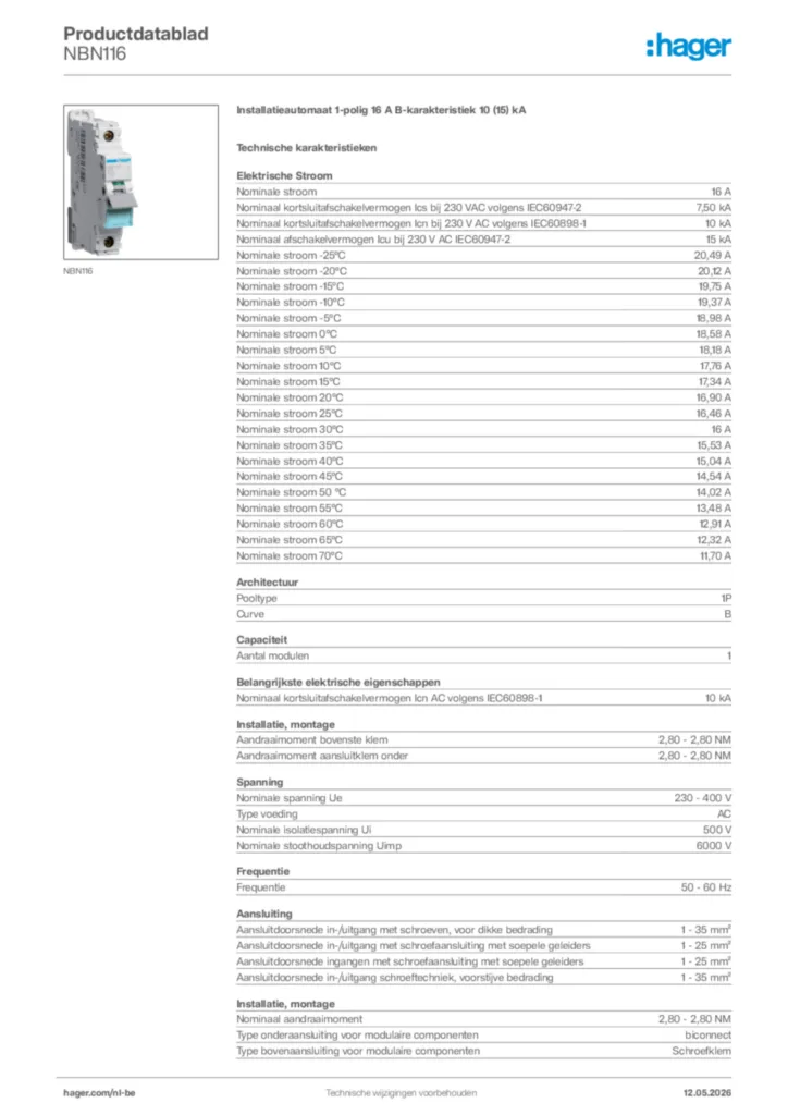 Afbeelding Hager Productdatablad NBN116 | Hager Belgium