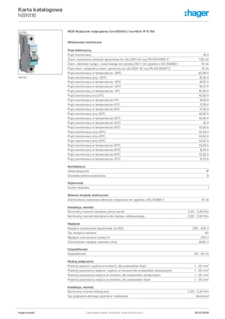 Zdjęcie Hager Karta katalogowa NBN116 | Hager Polska