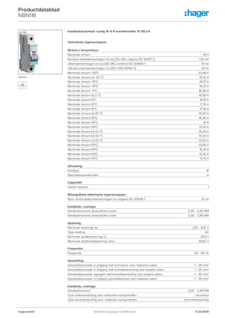 Afbeelding Hager Productdatablad NBN116 | Hager Nederland