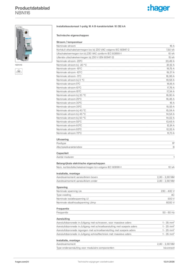 Afbeelding Hager Productdatablad NBN116 | Hager Nederland