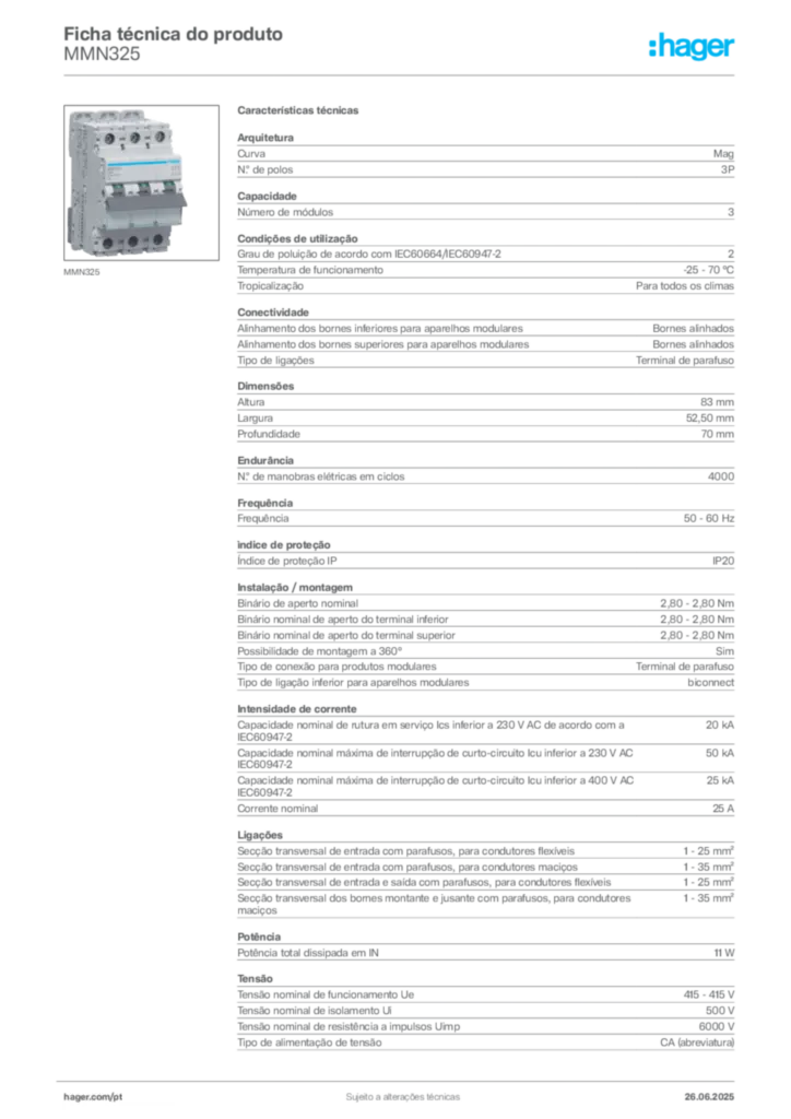 Imagem Hager Ficha técnica do produto MMN325 | Hager Portugal