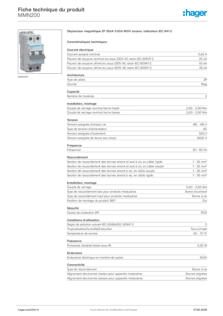 Image Hager Fiche technique du produit MMN200 | Hager Afrique