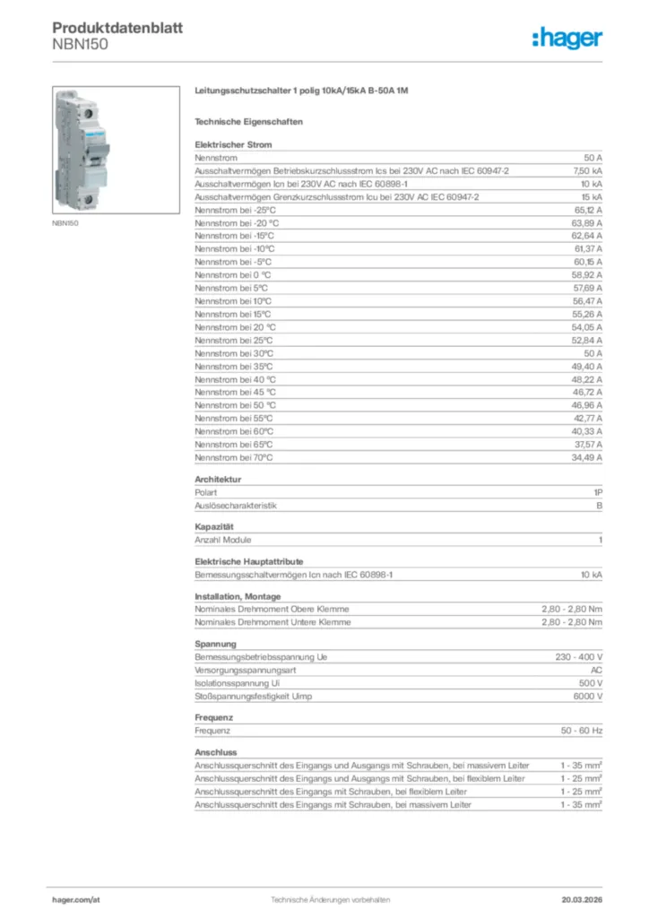 Bild Hager Produktdatenblatt NBN150 | Hager Deutschland
