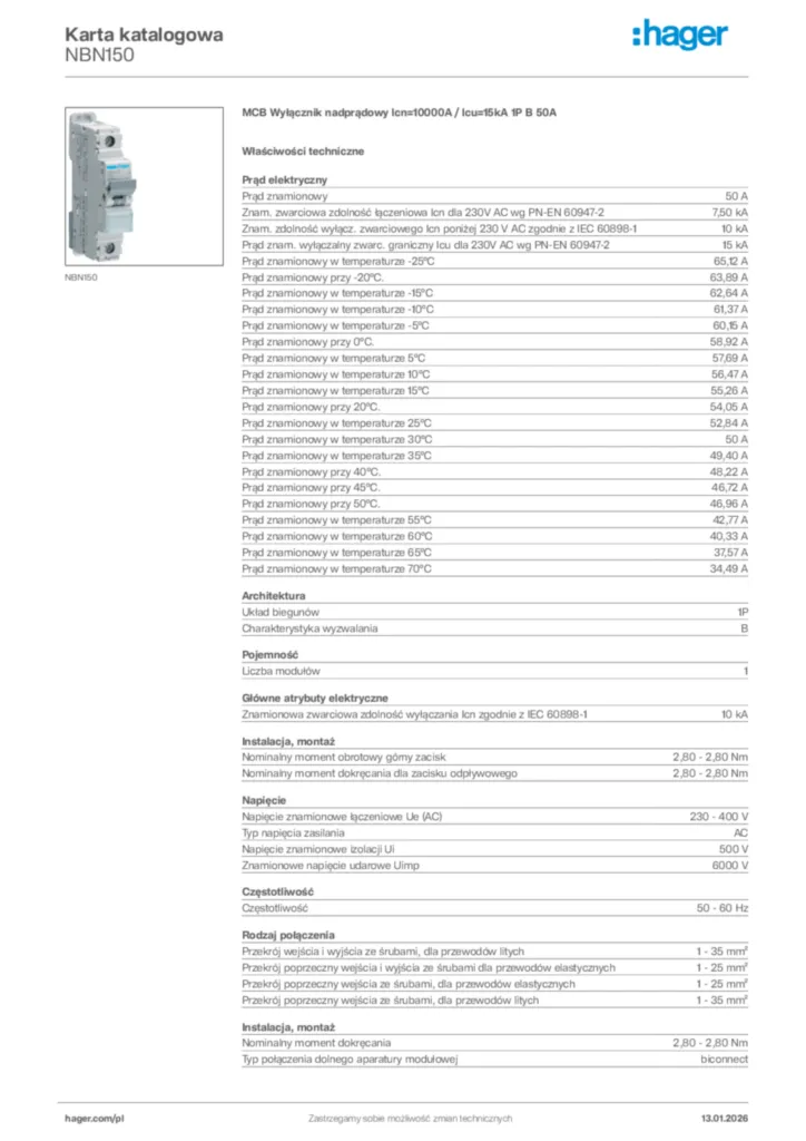 Zdjęcie Hager Karta katalogowa NBN150 | Hager Polska