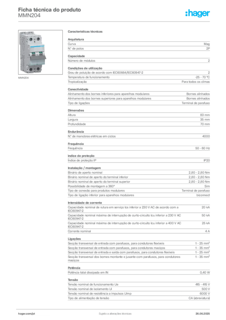 Imagem Hager Ficha técnica do produto MMN204 | Hager Portugal