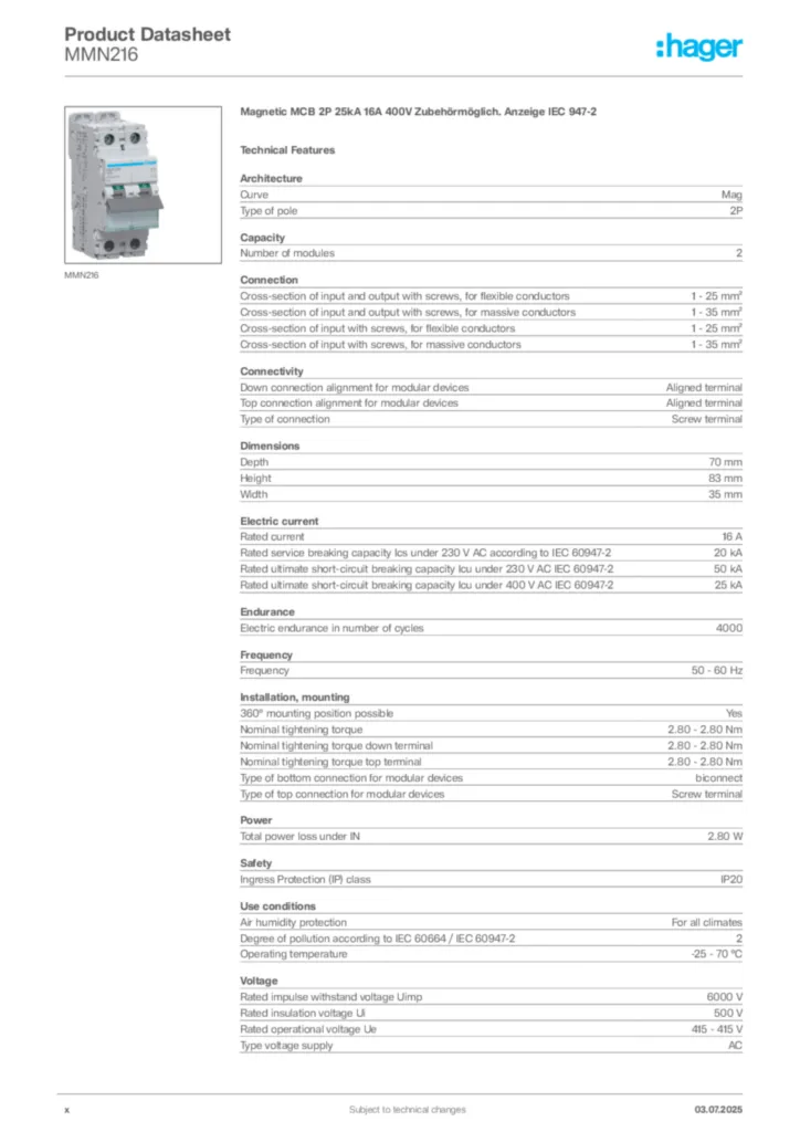 Image Hager Product data sheet MMN216  | Hager Africa