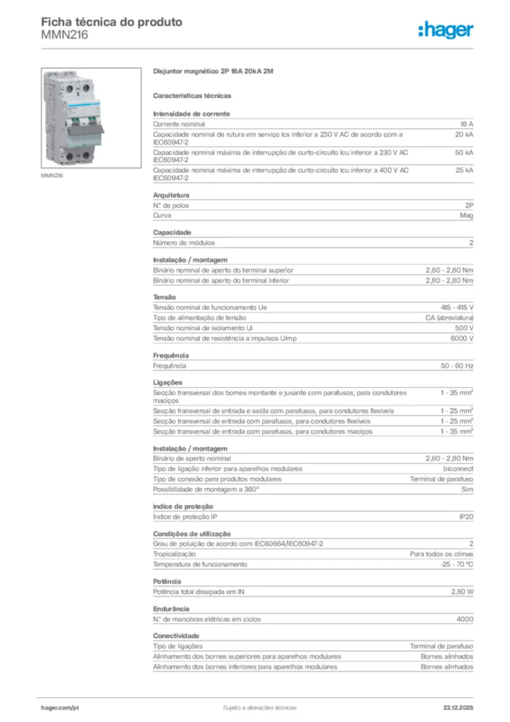 Imagem Hager Ficha técnica do produto MMN216 | Hager Portugal