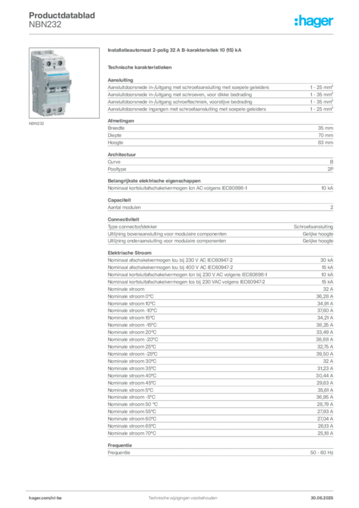 Afbeelding Hager Productdatablad NBN232 | Hager Belgium