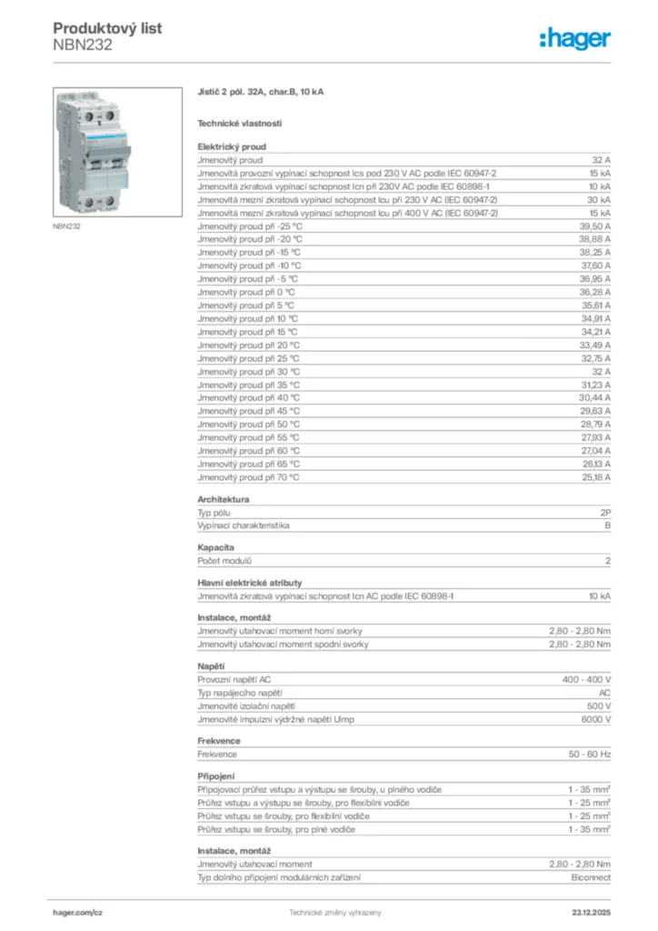 Obrázek Hager Product data sheet NBN232 | Hager