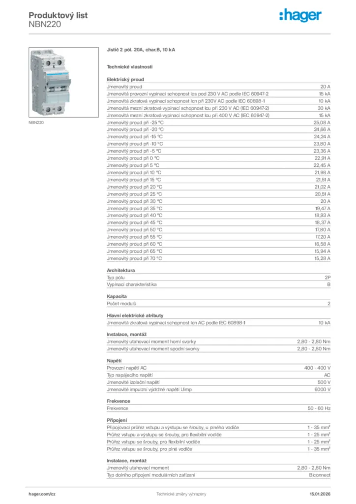 Obrázek Hager Product data sheet NBN220 | Hager