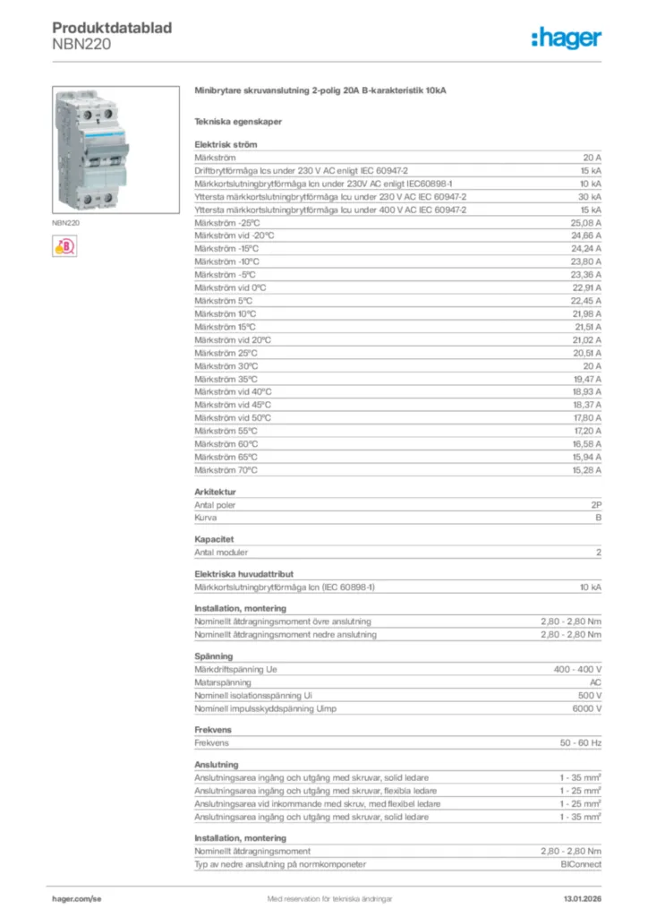 Bild Hager Produktdatablad NBN220 | Hager Sverige