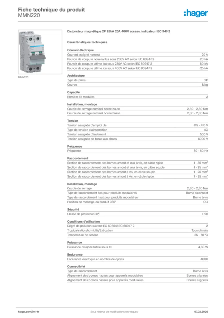 Image Hager Fiche technique du produit MMN220 | Hager Afrique