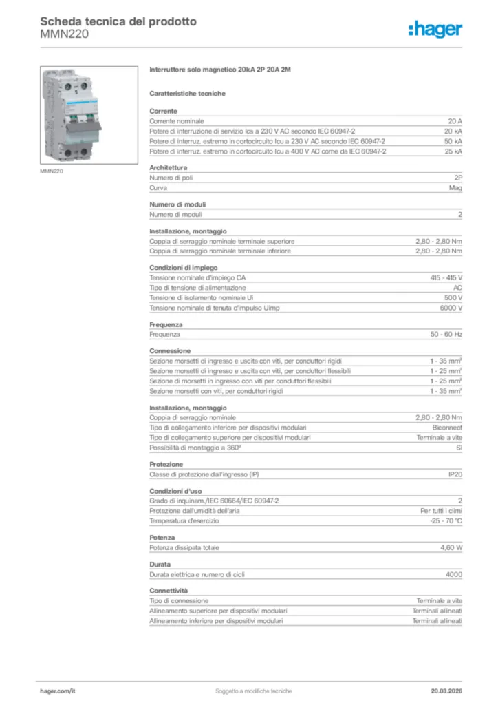 Immagine Hager Scheda tecnica del prodotto MMN220 | Hager Italia