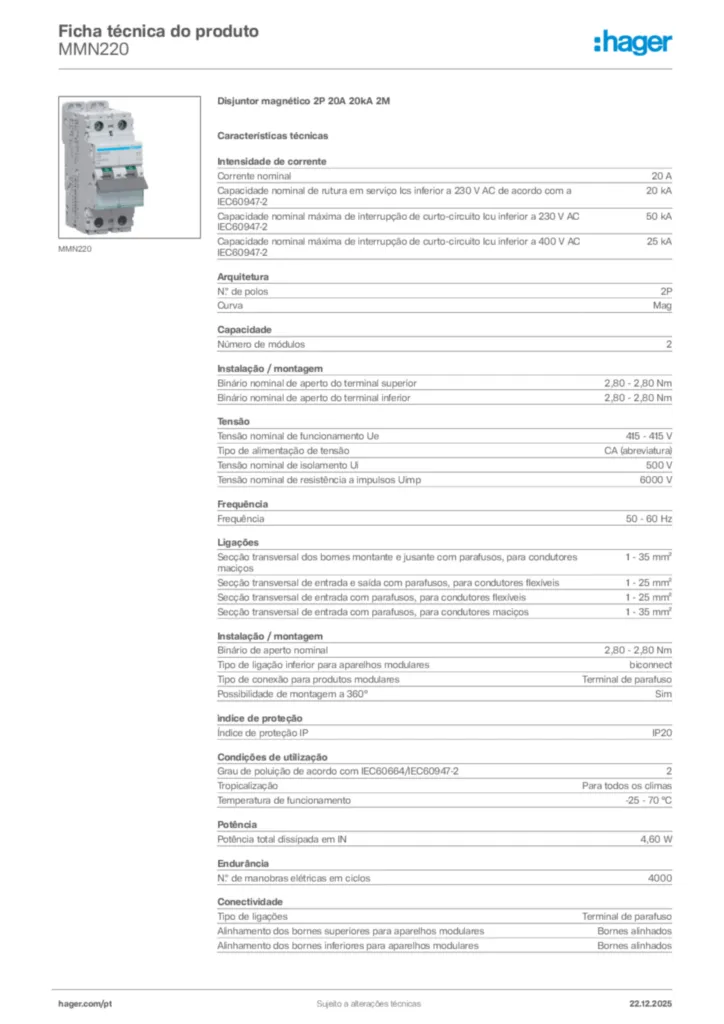 Imagem Hager Ficha técnica do produto MMN220 | Hager Portugal