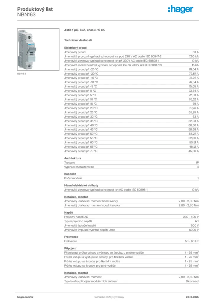Obrázek Hager Product data sheet NBN163 | Hager
