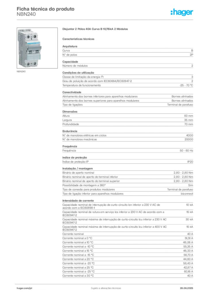 Imagem Hager Ficha técnica do produto NBN240 | Hager Portugal