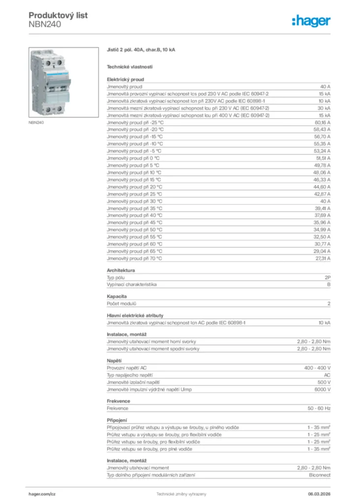Obrázek Hager Product data sheet NBN240 | Hager
