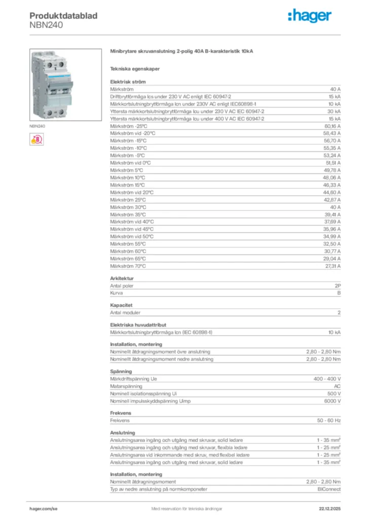 Bild Hager Produktdatablad NBN240 | Hager Sverige