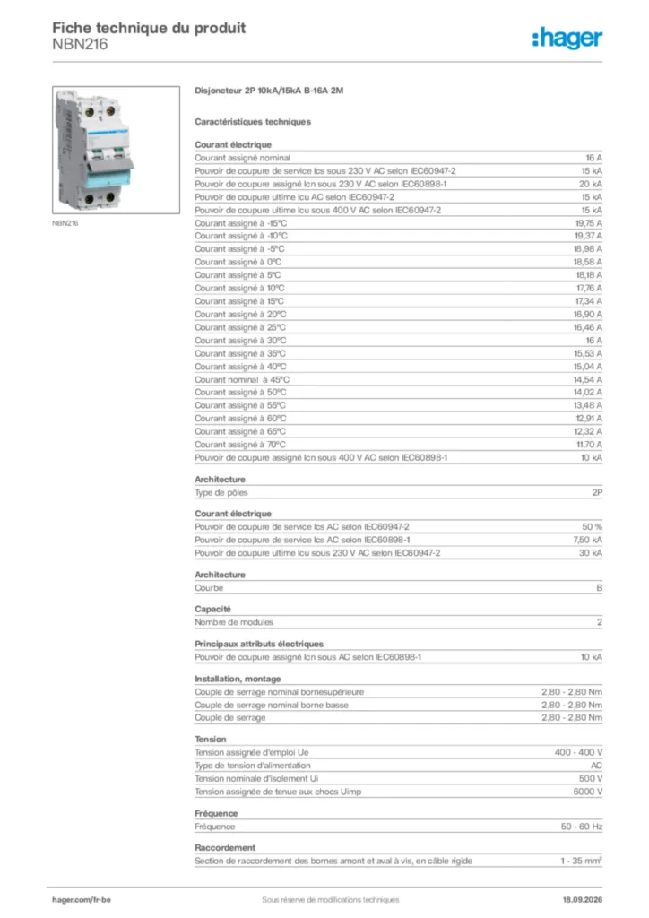 Image Hager Fiche technique du produit NBN216 | Hager Belgique