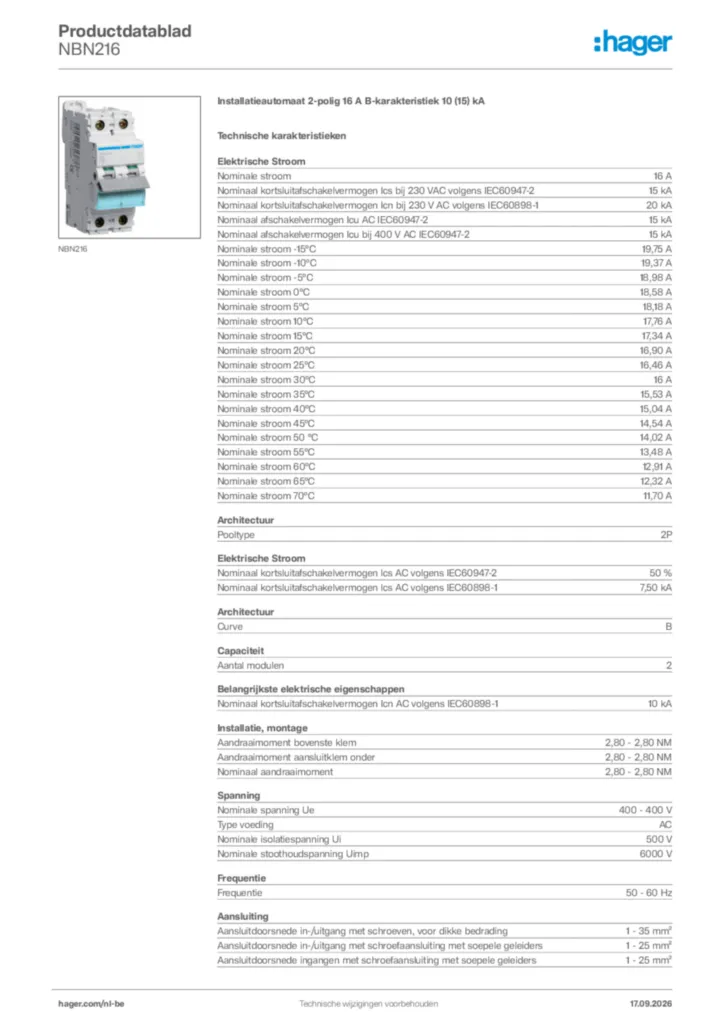 Afbeelding Hager Productdatablad NBN216 | Hager Belgium