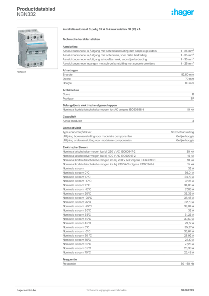 Afbeelding Hager Productdatablad NBN332 | Hager Belgium