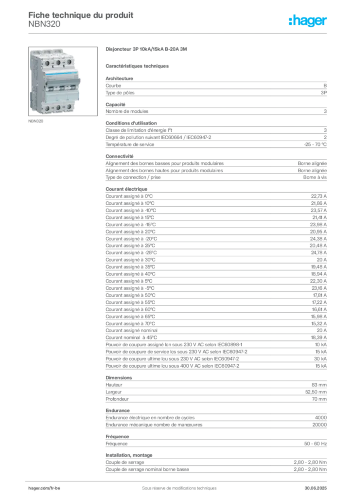 Image Hager Fiche technique du produit NBN320 | Hager Belgique