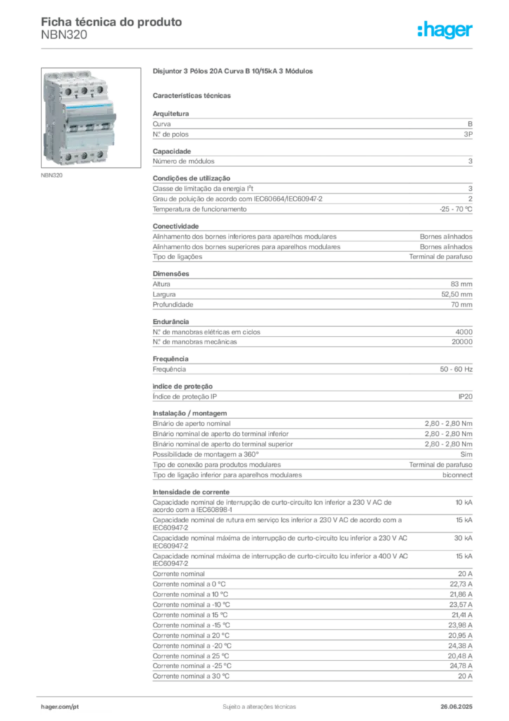 Imagem Hager Ficha técnica do produto NBN320 | Hager Portugal