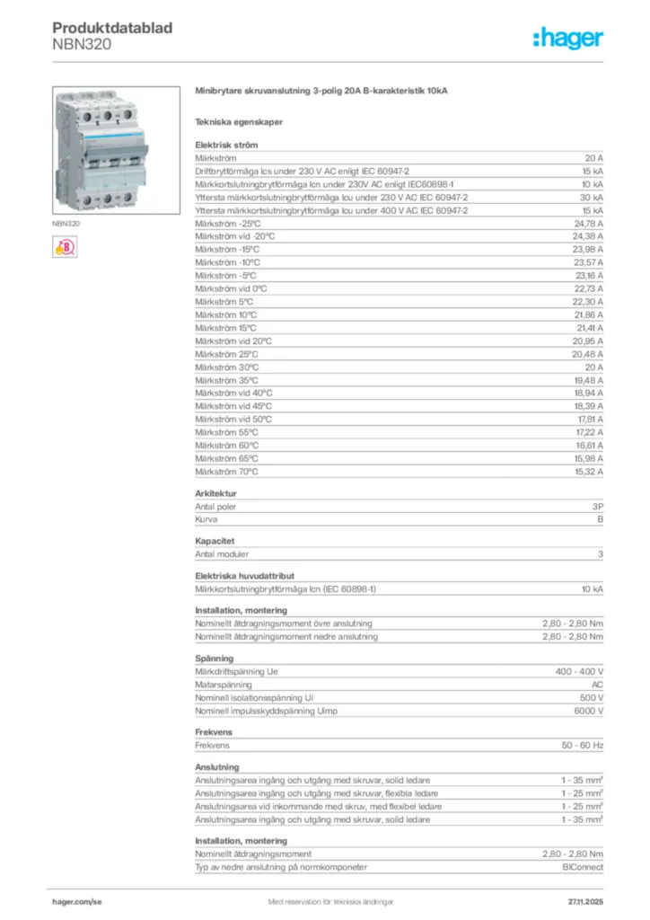 Bild Hager Produktdatablad NBN320 | Hager Sverige